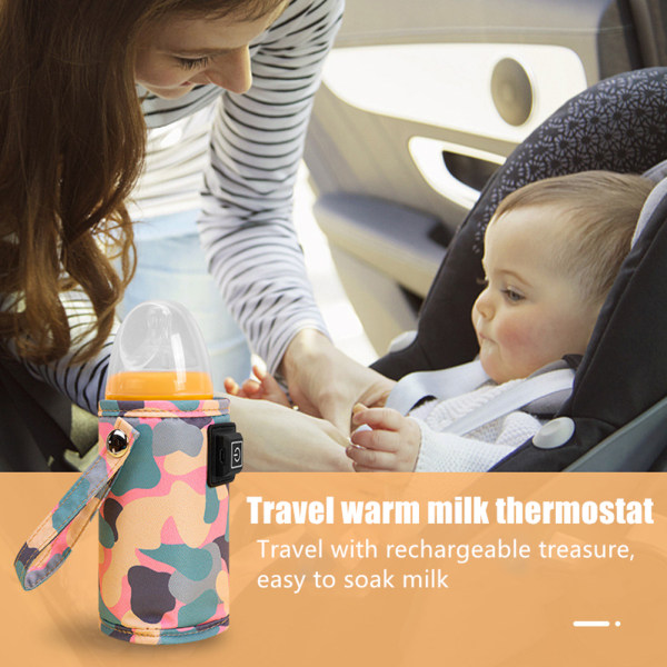 Bærbar sutteflaskevarmer, USB-opladningsflaskevarmer Baby med termostat Pink Læder Pink Leather