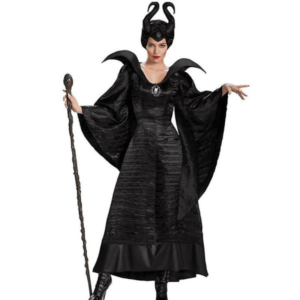 Halloween Maleficent Evil Queen Dress Naisten Cosplay-asu päähineiden kanssa H Black XL