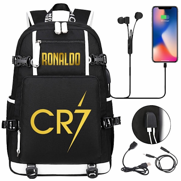 Fotbollsstjärnan Ronaldo Ryggsäck-USB Cosplay Väska, Skolryggsäck, Tecknad Datorryggsäck, Pojkväska 17 Tum YOUYOU