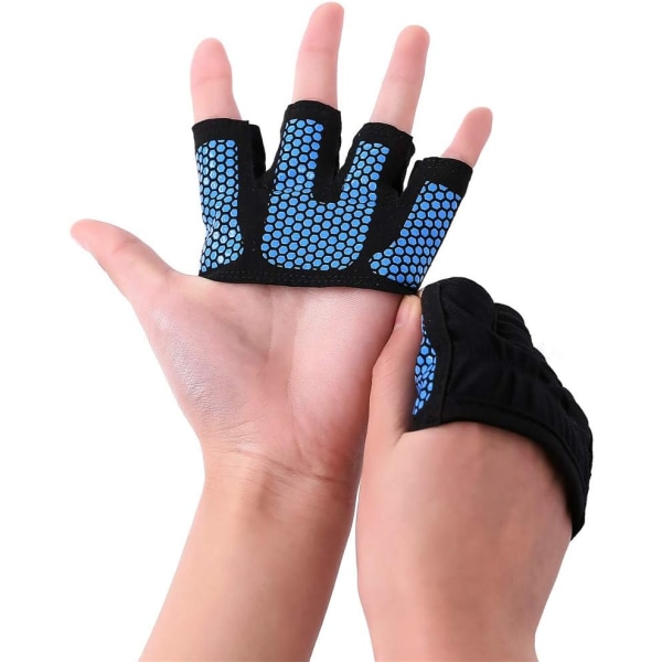 Fitness fire-fingrar håndteres kompressionsudstyr træning halkfria andningsbara tyngdlyftande halvfingerhandskar for män och kvinder (Blue-M)