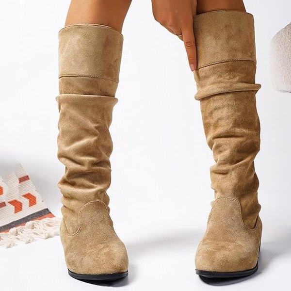 【Lixiang Store】 Imitert semsket skinn for kvinner med bred leggkne, høy lav blokkhæl, påtrekkbare cowboystøvler med spiss tå Khaki 40
