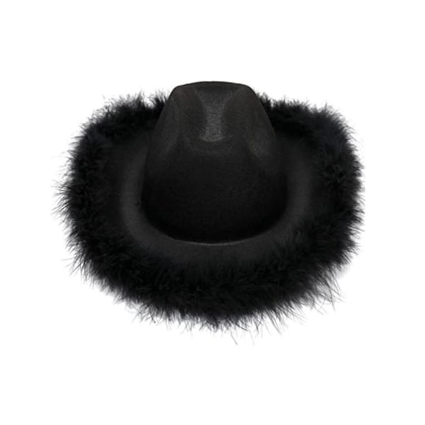 Cowgirl-hattu, jossa on höyhenboa, pörröinen höyhenkoristelu, aikuisten kokoinen Cowboy-hattu polttareille (musta)