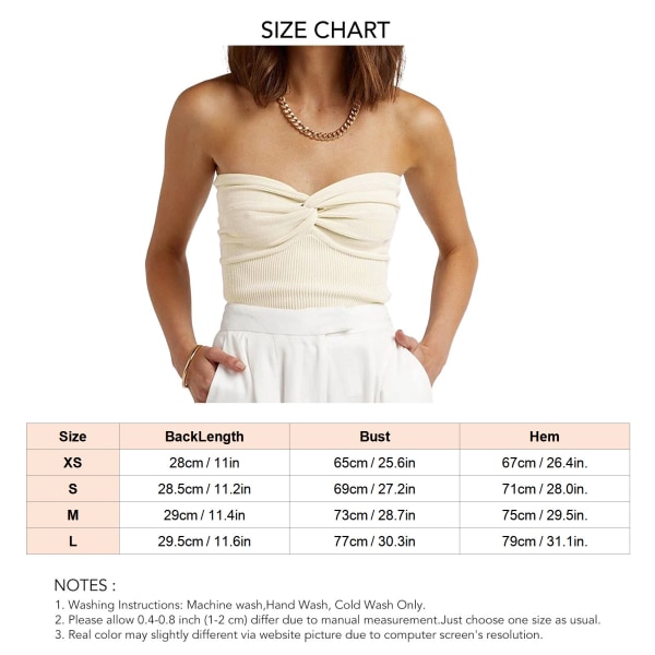 Dame Strapless Tanktop med Twist-Knude Slim Fit Ren Farve Ribbet Strik Sommervest Beige S S White