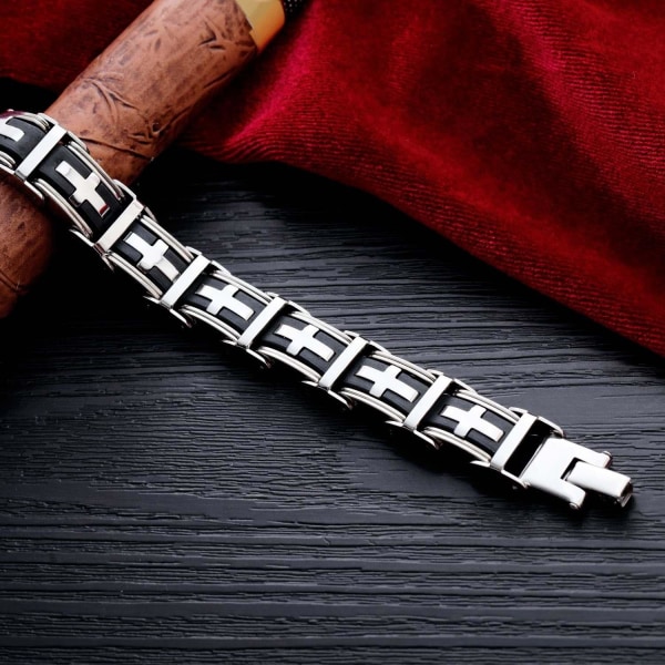 Armband med rutigt mönster kors rostfritt stål svart  män silver one size