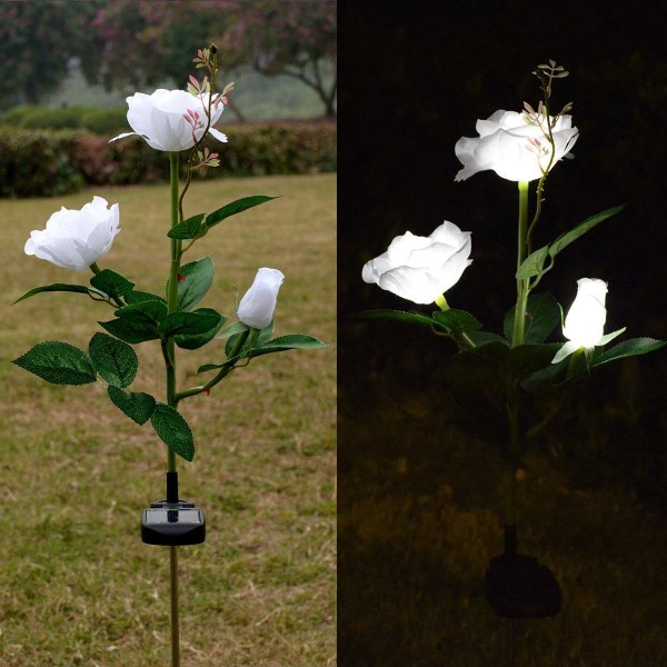 LED Rose Solar Blomsterlys Udendørs Dekorative Have Stake Lys til Havegård Grav Vase Blomster Dekoration Hvid White