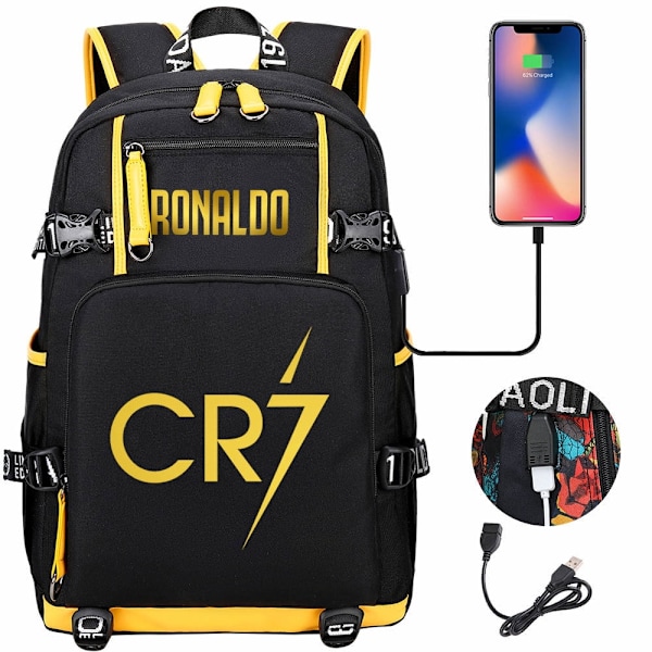 Fotbollsstjärnan Ronaldo Ryggsäck-USB Cosplay Väska, Skolryggsäck, Tecknad Datorryggsäck, Pojkväska 17 Tum YOUYOU
