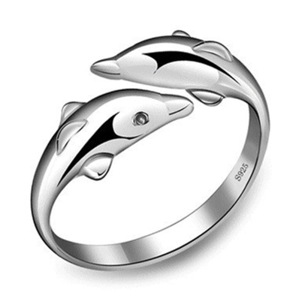【Tricor-myymälä】 Naisten hopeoitu kaksoisdelfiini-aukkoinen säädettävä sormussormus lahja valkokulta 1kpl