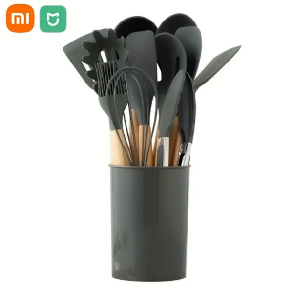 MIJIA 12 stk. silikone køkkenredskaber spatel skovl suppeske madlavningsværktøj med opbevaringsspand non-stick træhåndtag køkkenværktøj - mørkegrå