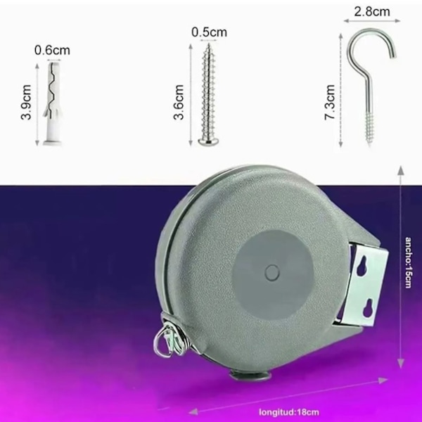 Väggmonterad Inbyggd Torklina - 15 Meter Lång, 30 kg Kapacitet, Silvergrå