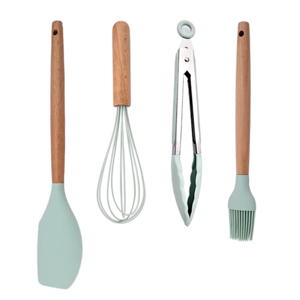 Köksredskapsset i silikon med trähandtag, non-stick, stekspade, skyffel, äggvispar, köksredskapsset - 4 st A Mint