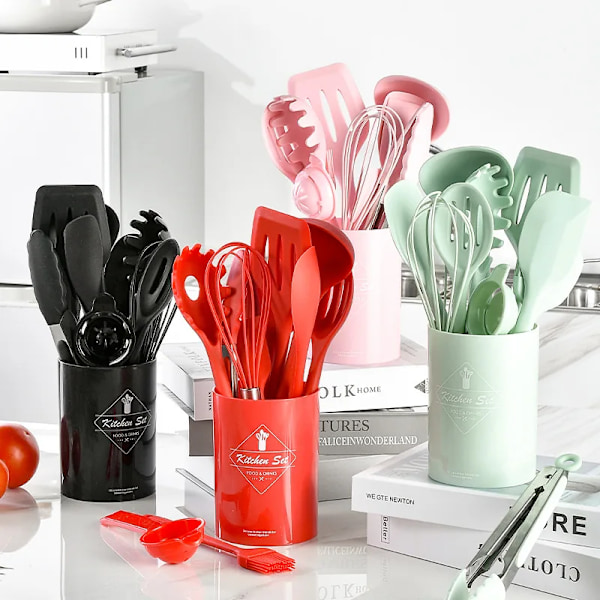 Grönt Värmebeständigt Silikon Köksredskapsset Soppsked Borste Slev Pastaspatel Durkslag Non-stick Köksredskap Köksverktyg - 7 st Rosa