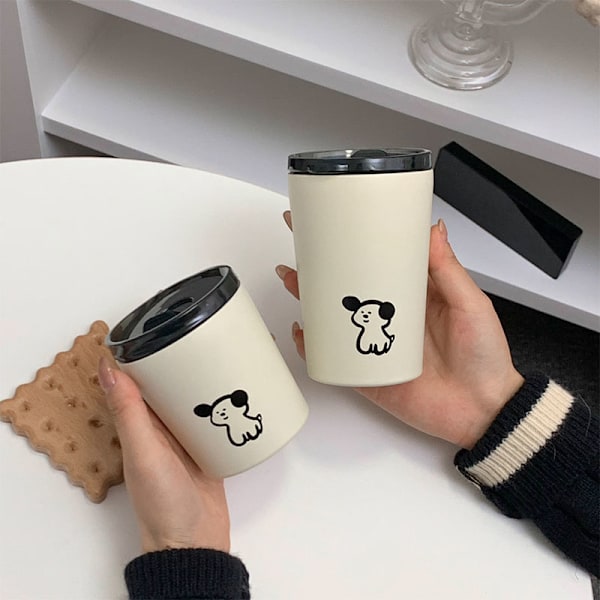 Isolerad Vakuumkopp i Frostad Rostfritt Stål med Lock - Söt Valpdesign, 240ml Termosmugg för Kaffe och Vatten