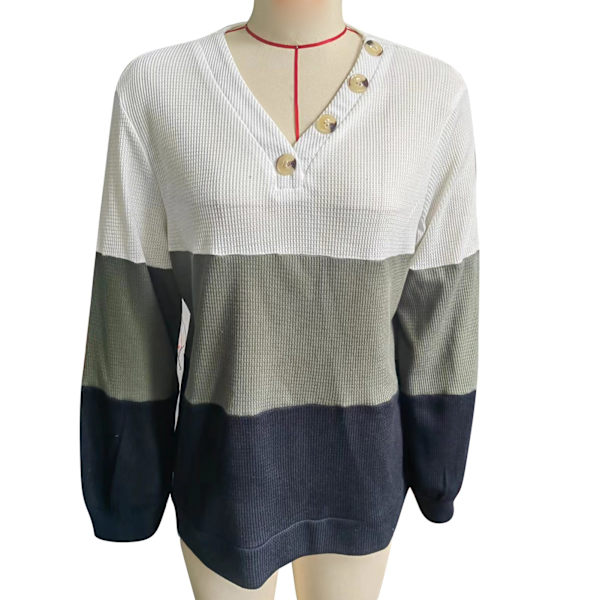 Kvinners Langærmet T-skjorte Fargeblokk V-hals Knapper Trim Løstsittende Avslappet Bluse Hvit Grønn XL XL White Green