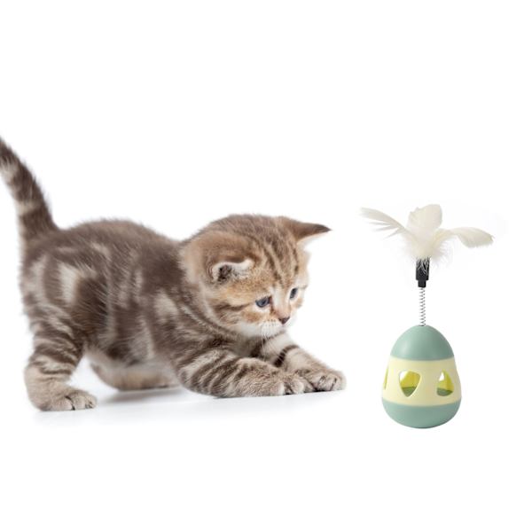 Kattgodisdispenser Leksak med Fjäder Interaktivt Förhindrar Omkastning Katt Långsam Matnings Pusselboll Gul Grön