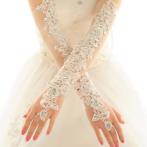Rhinestone Beads Bridal långa handskar för bröllopsfest Kostym Fancy Dress Handskar Tillbehör