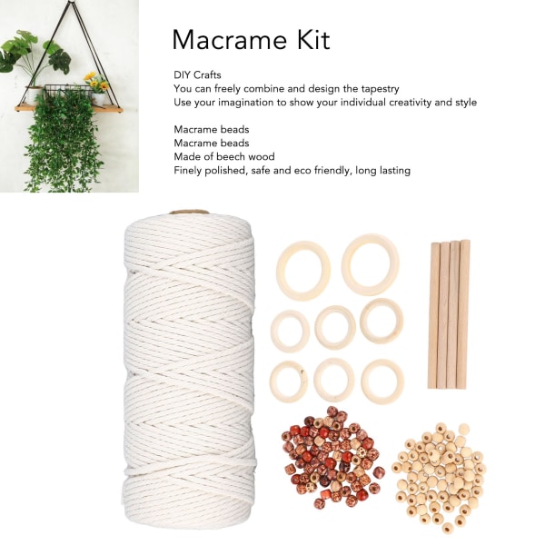 Macrame-satser för nybörjare Bomull Macrame-snöre med träpärlor Träringar Macrame Plant Hanger Kit Macrame Supplies White