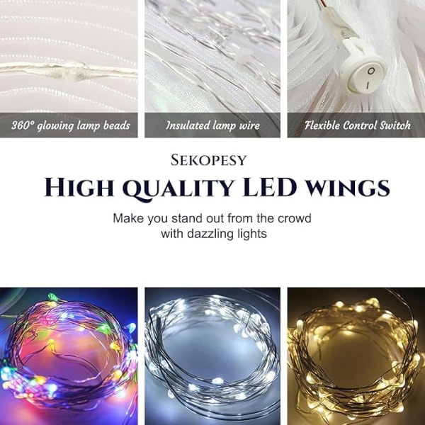 【Lixiang Store】 Pimeässä hehkuvat LED Fairy Wings for Kids Värikkäät pimeässä hehkuvat perhosen siivet lumoaviin juhliin ja tapahtumiin! White light 12 strips 144 lights