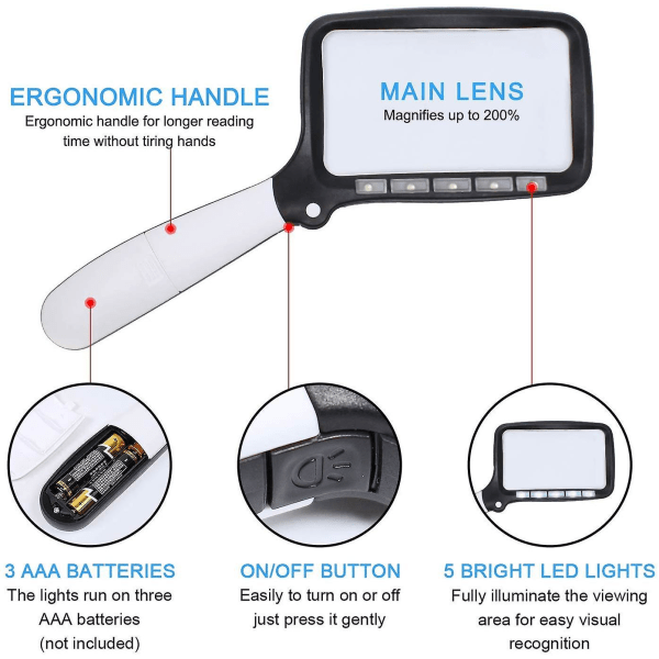 Suorakaiteen muotoinen suurennuslasi taitettava kädessä pidettävä 5 ledin suurennuslasi