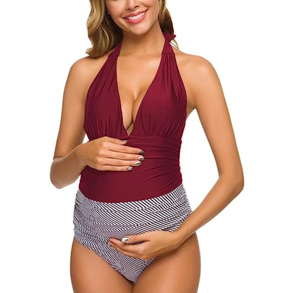 One Piece Graviditetsbadedragter Stribet Halter Badetøj Dyb V-hals Monokini Højtaljede Badedragter Rød (2XL Red 2XL