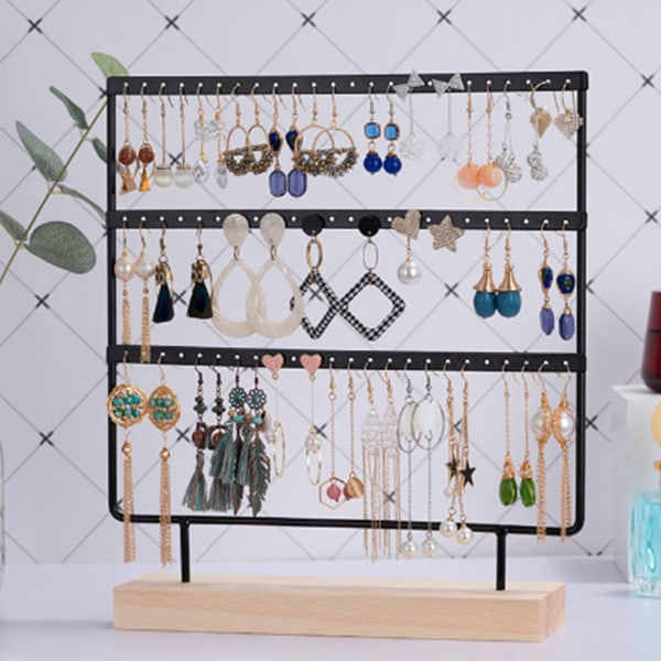 Elegant Smyckestativ med 3 nivåer: Kompakt, Snygg och Rymlig Järnörhängesdisplay i Svart Black