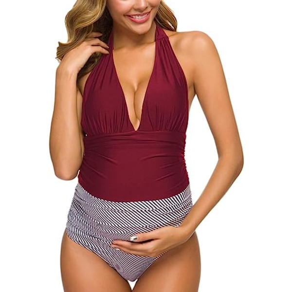One Piece Maternity Swimsuits Stripe Halter Swimwear Deep V Neck Monokini High Waisted Bathing Suits Red (3XL Red 3XL