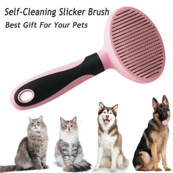 Kattebørste, blød hundeplejeværktøjsbørste til hunde og katte, fjerner løs underuld, måtter sammenfiltret hår Slickerbørste til kæledyrsmassage-selvrensende Pink Pink