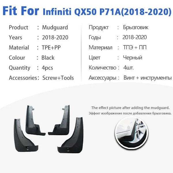 Stänkskydd för Infiniti QX50 P71A 2018 2019 2020, stänkskärmar, skärmar, biltillbehör fram och bak, 4 st