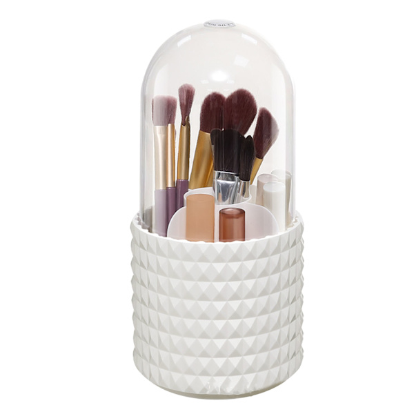 360 Graders Drejelig Makeupbørsteholder med Støvsikkert Design - Stor Kapacitet 5-Rum Makeup Opbevaringsboks i Ternet Stil til Hjemmebrug