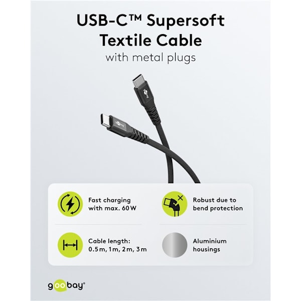 USB-C™ supersoft textilkabel med metallkontakter, 2 m, svart