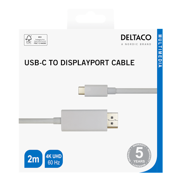 USB-C - DisplayPort cable, 4K UHD, gold plated, 2m, white