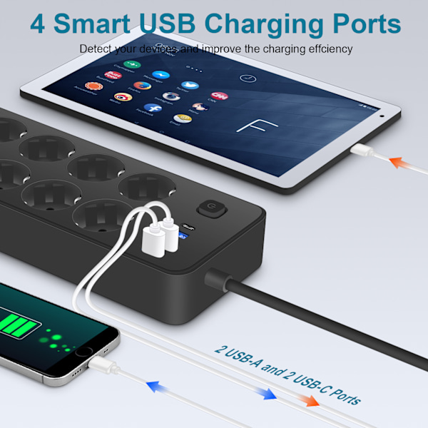 Musta EU-standardin USB-C-pistorasia 8 ulostulolla ja 3 USB-portilla