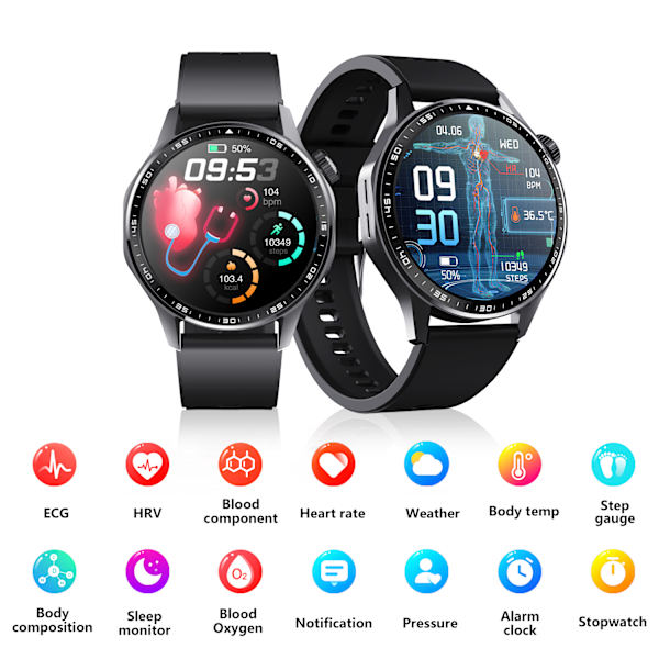 Smartwatch med EKG, pulsmåler, blodtryksmåler og skridttæller Sort og brun læderrem