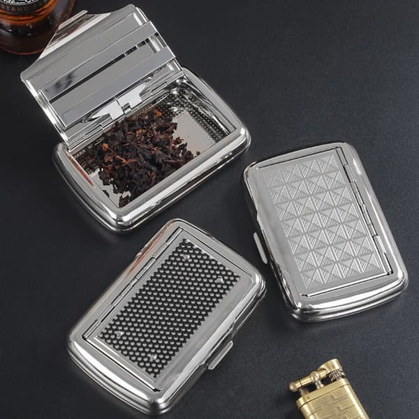 Rustfri stål tobaksdåse med papirholder (ternet design) - bærbar & lufttæt