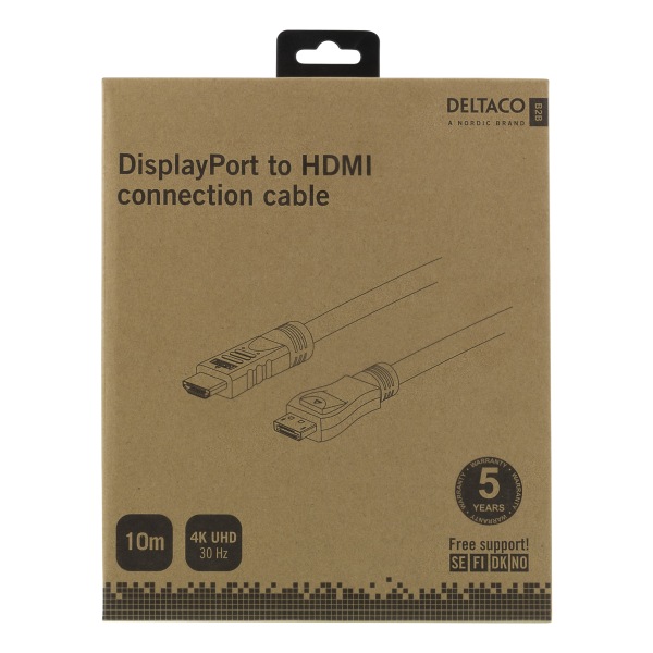 deltaco DP - HDMI cable, 10m, 3840x2160 at 30Hz, 10.8Gb/s, black