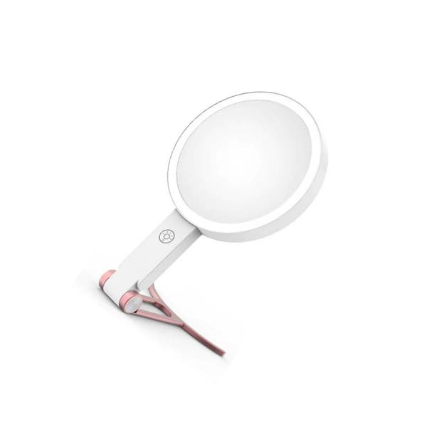 LED Belyst Makeup Spejl med C-Formet Stativ - 10x Forstørrelse Lyserød