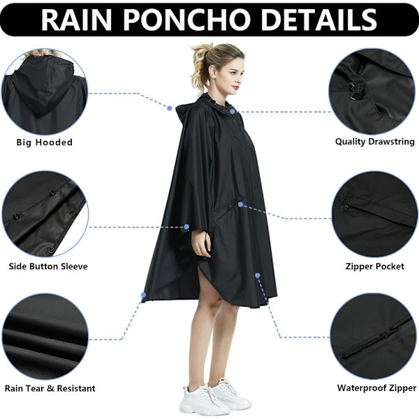 Y-066 regnponcho med lynlås - sort PU (med visir) Sort