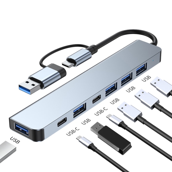 2-i-1 USB-C / USB-hub 7 portar USB3.0 för Windows MacOS Grå