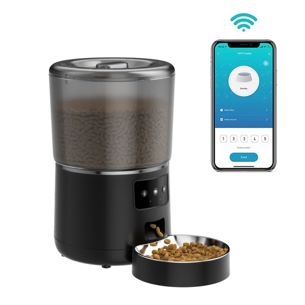 Wi-Fi-aktiverad smart husdjursmatare, 4L hundmatare med skål i rostfritt stål Svart