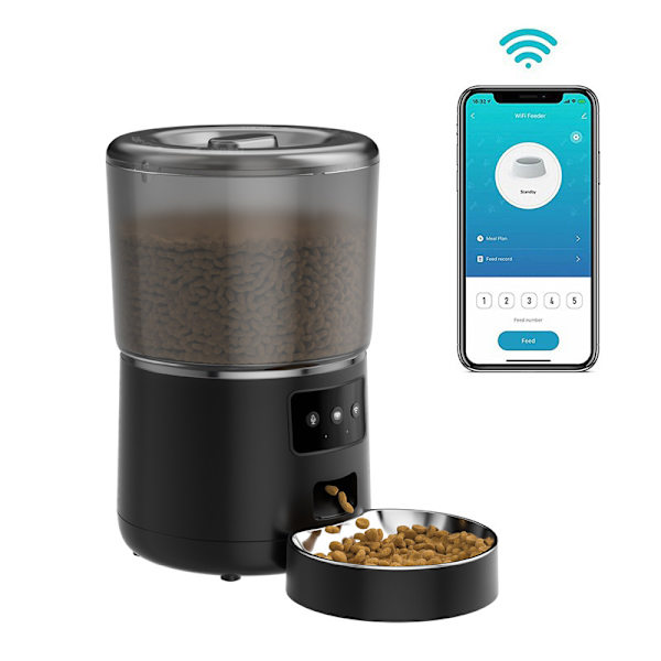 Wi-Fi-aktiveret smart foderautomat til kæledyr, 4L hundefoderautomater med skål i rustfrit stål Black Black