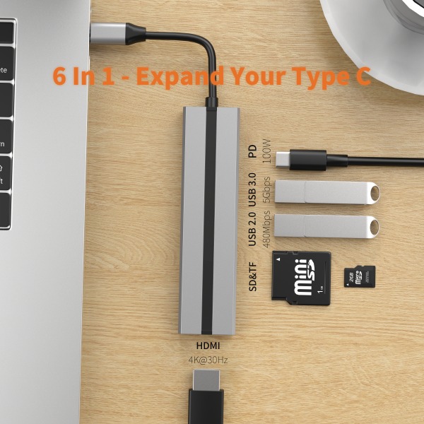 INF 6-i-1 USB C Hub med 4K HDMI-adapter, USB 3.0/2.0-porte, SD/TF-kortlæser