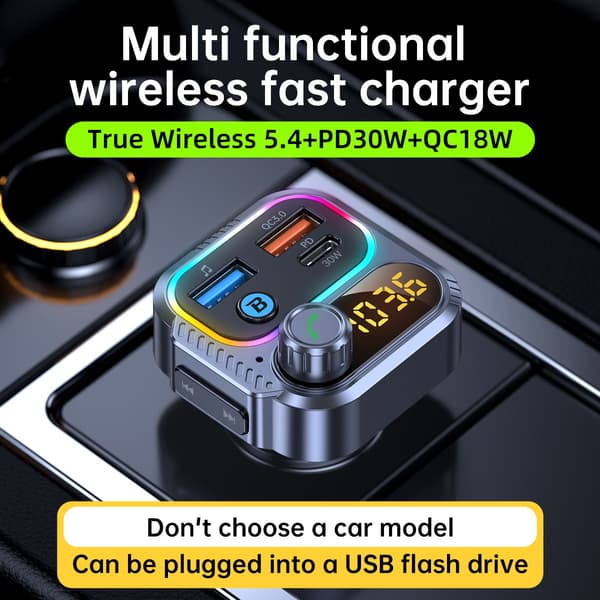 Bil Bluetooth MP3-sender med PD30W USB-C-oplader og dual USB 5V/2.4A, Bluetooth 5.3, MP3 WMA WAV-understøttelse, 12V-24V