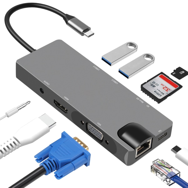 INF 9-i-1 USB-C Hub med USB 3.0, HDMI, RJ45, SD/TF-kortläsare, 100W PD, VGA