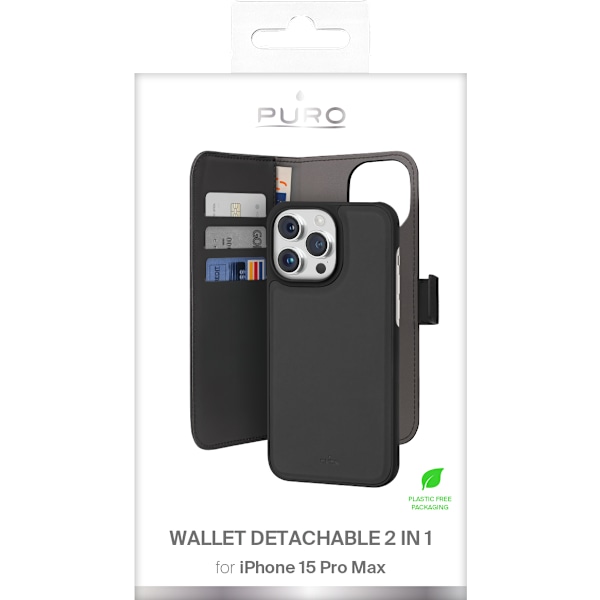 iPhone 15 Pro Max eco-leather detachable wallet case, black