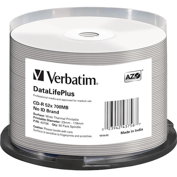 CD-R 52x700MB/80min 50-pack Wide Thermal Printable 23-118mm