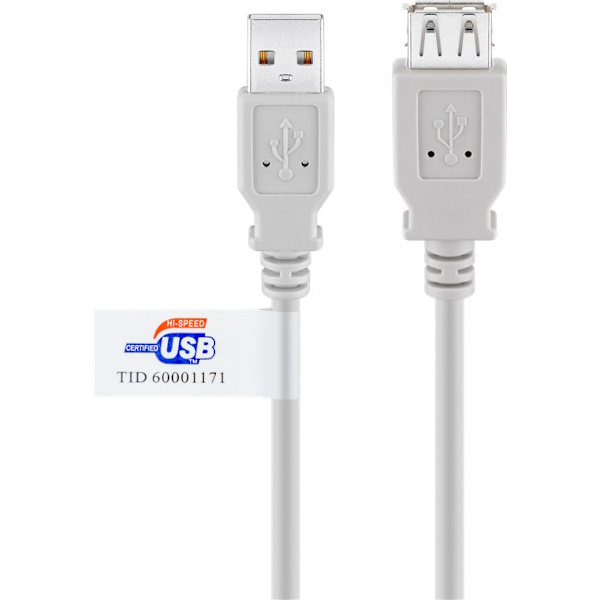 USB-A-förlängningskabel, certifierad, 3 m, grå