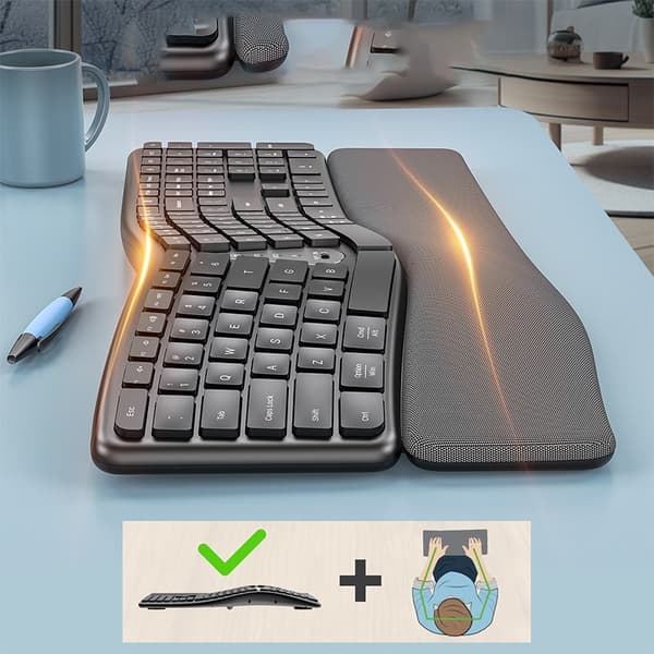Ergonomiskt tangentbord Bluetooth 2.4G Trådlöst Uppladdningsbart - Tysta tangenter med handledsstöd
