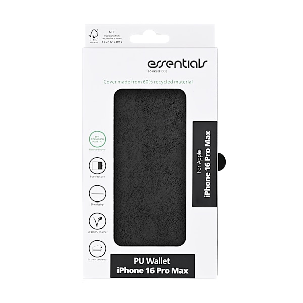 iPhone 16 Pro Max PU wallet, recycled, 3 cards, black