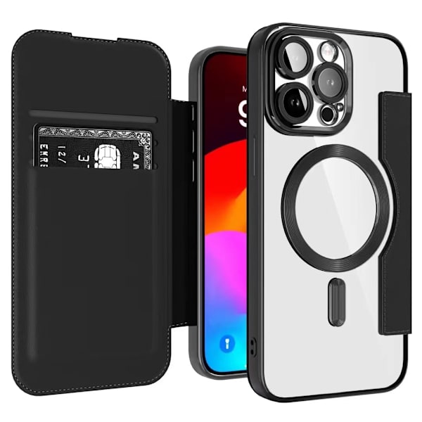 Trådlöst magnetiskt läderfodral för mobiltelefon. iPhone 15 Pro Max Svart