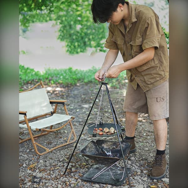 Multifunktionel grillstativ – justerbar højde, trefod trespidsstøtte, 49cm kæde og bærepose i aluminiumlegering og rustfrit stål