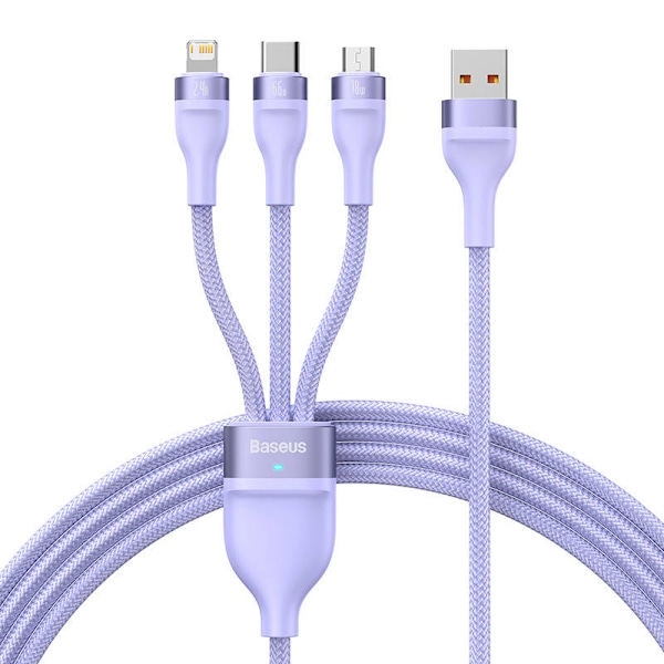 3-i-1 USB-kabel Baseus Flash II Series, USB-C + micro USB + Lightning, 66W, 1,2m (lilla)